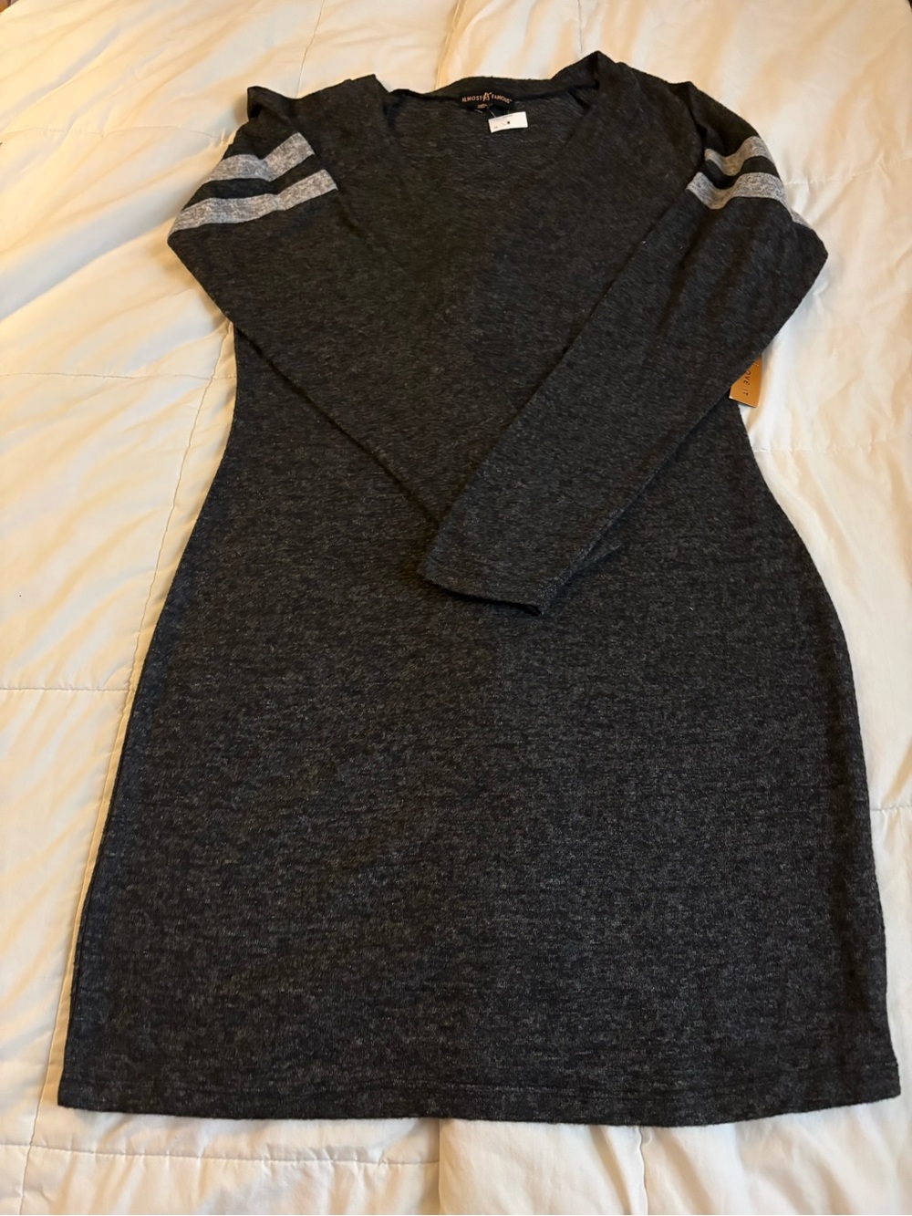 Charcoal V-Neck Long Sleeve Sweater Dress with Striped Sleeves - Picture 5 of 5